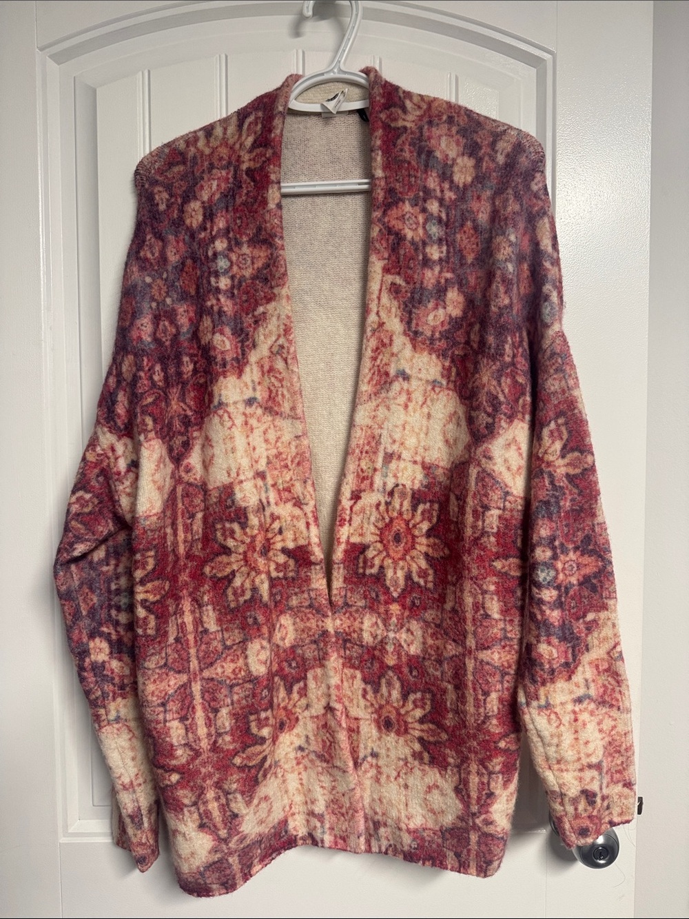 Anthropologie Open-Front Floral Pattern Cardigan Jacket in Red and Cream